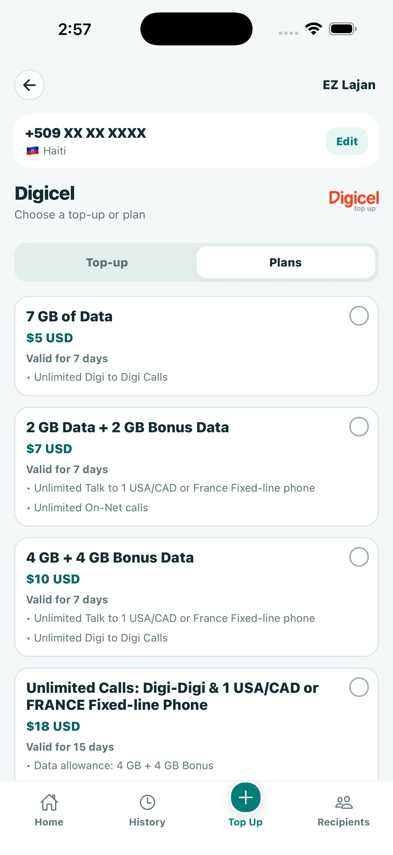 BELSEND app preview: Haiti carrier plans with a masked example recipient